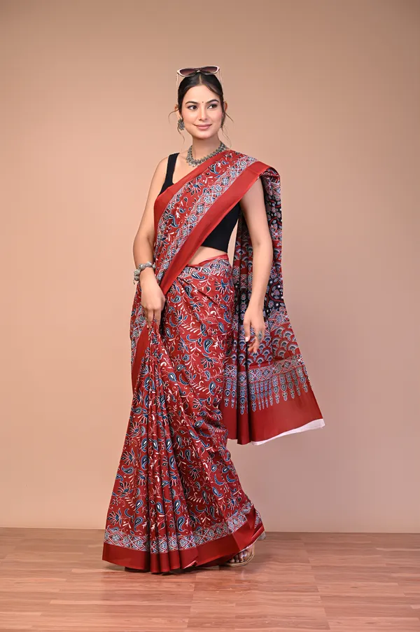 Red_And_Black_Cotton_Mulmul_Ajrakh_Print_Saree_For_Women