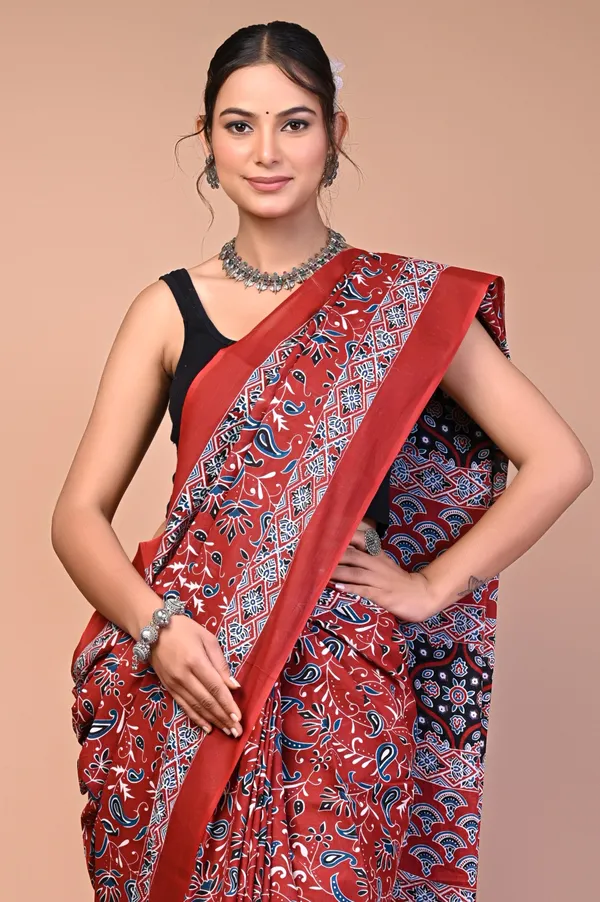 Red_And_Black_Cotton_Mulmul_Ajrakh_Print_Saree_For_Women