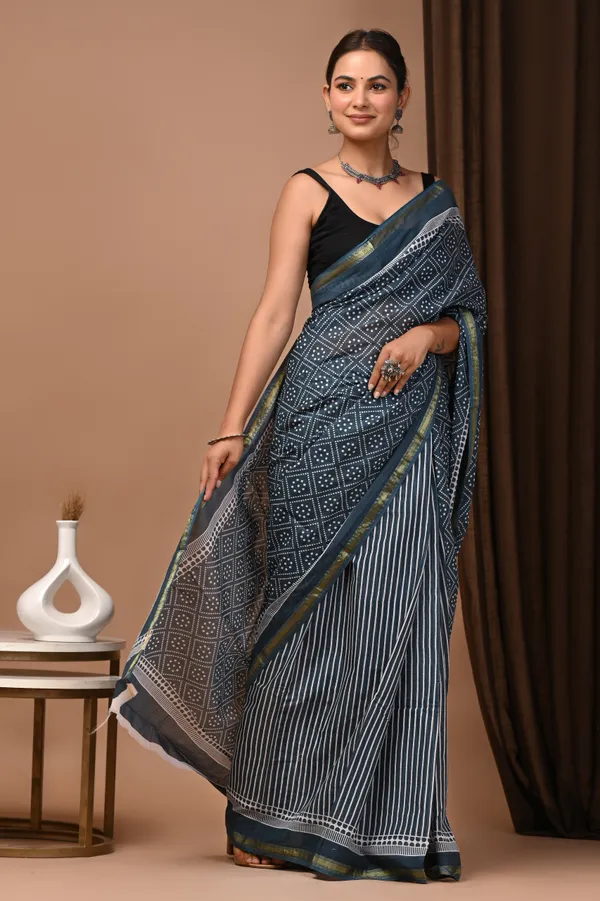 Blue_Zari_Cotton_Handloom_Geometric_Print_Striped_Border_Saree_For_Women