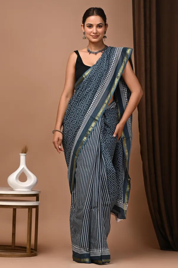 Blue_Zari_Cotton_Handloom_Geometric_Print_Striped_Border_Saree_For_Women