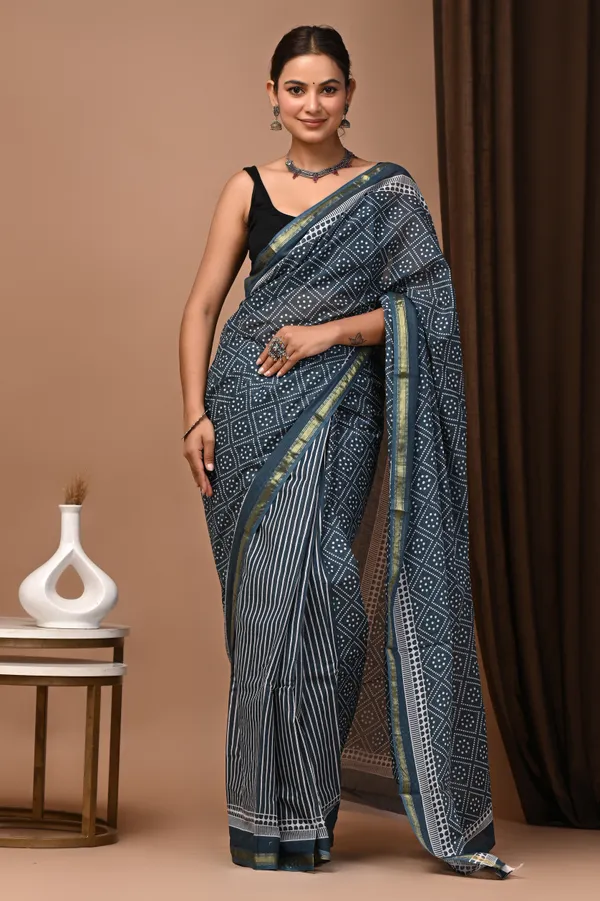 Blue_Zari_Cotton_Handloom_Geometric_Print_Striped_Border_Saree_For_Women
