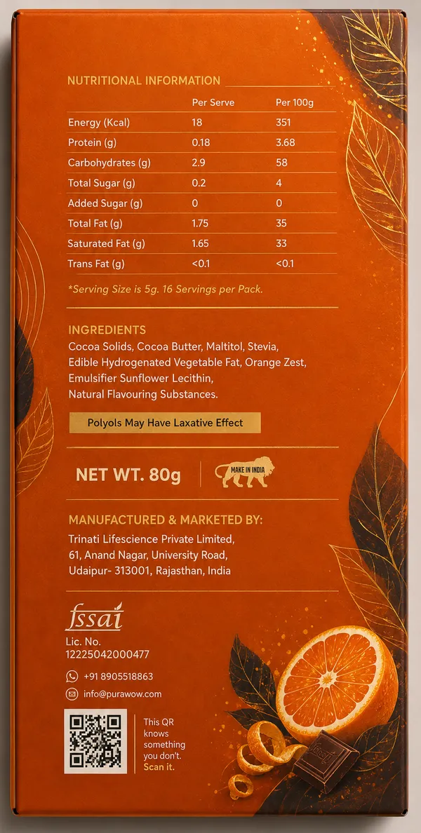PuraWow_Zesty_Orange_Dark_Chocolate_Flavoured_Bar_|_Orange_Zest_&_Natural_Flavours_|_No_Added_Sugar_|_Diabetic_Friendly_|_80g