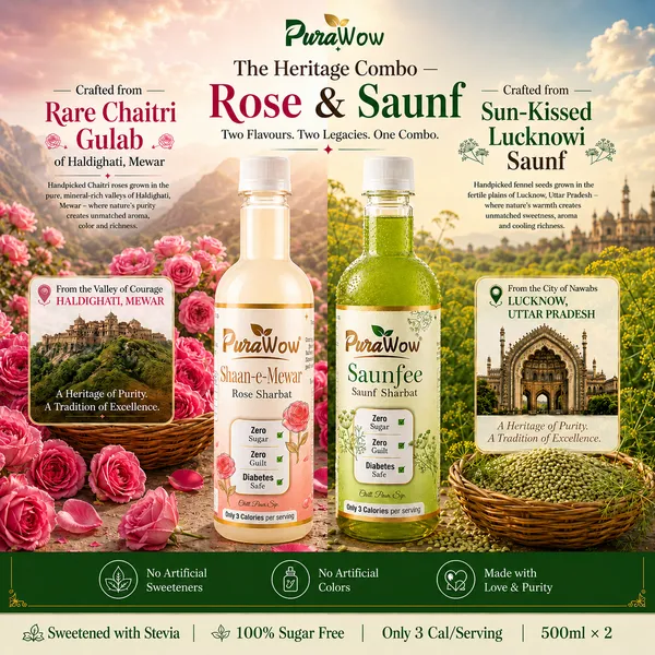 PuraWow_Sharbat_Combo_|_Shaan-e-Mewar_Rose_+_Saunfee_Saunf_|_Drink,_Mix_&_Drizzle_|_Zero_Sugar_|_Stevia_Sweetened_|_500ml_X_2