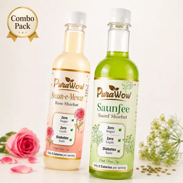 PuraWow_Sharbat_Combo_|_Shaan-e-Mewar_Rose_+_Saunfee_Saunf_|_Drink,_Mix_&_Drizzle_|_Zero_Sugar_|_Stevia_Sweetened_|_500ml_X_2