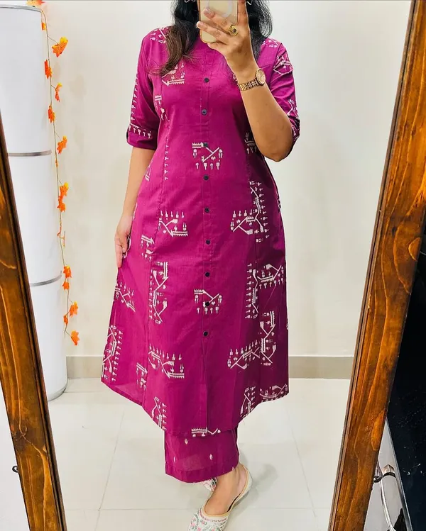 Purple_Cotton_Warli_Print_Kurti_Pant_Set_For_Women