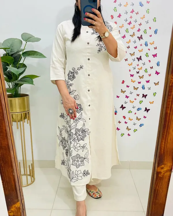 Off_White_Cotton_Floral_Embroidered_Button-Down_Kurta_Pant_Set_For_Women