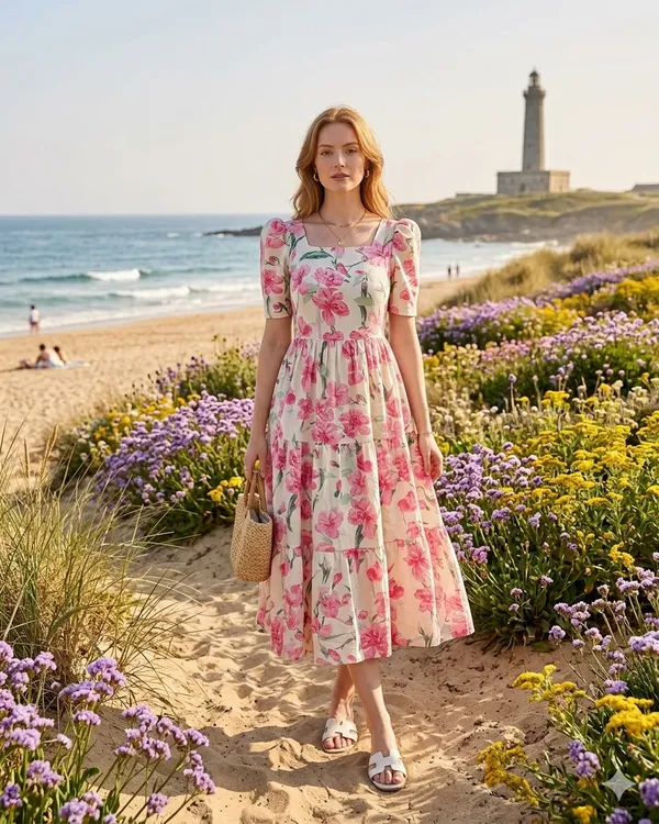 Pink_Cotton_Floral_Print_Puff_Sleeve_Midi_Dress_For_Women