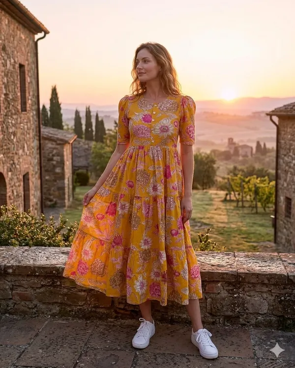 Yellow_Cotton_Tiered_Floral_Print_Midi_Dress_For_Women