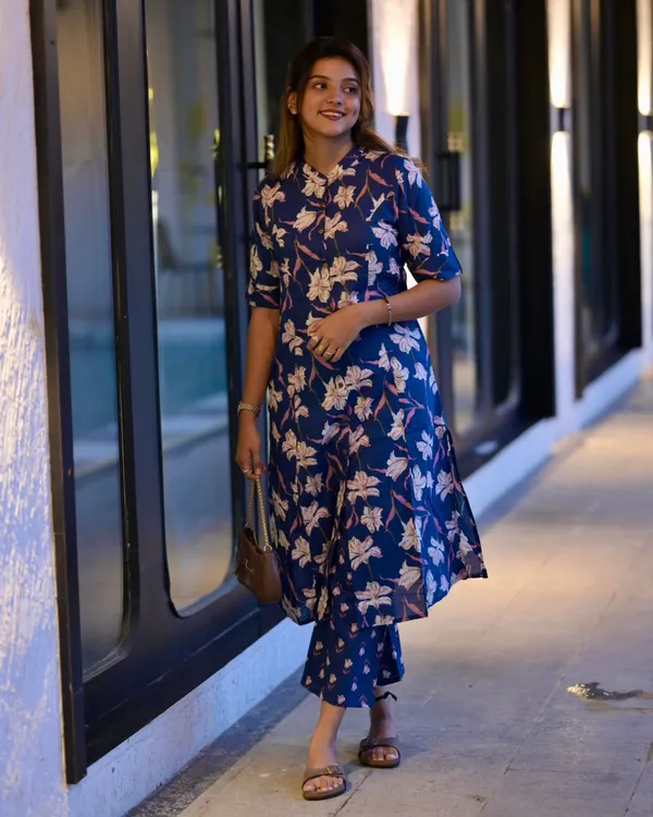 Navy_Blue_Cotton_Floral_Print_A-Line_Kurta_Set_For_Women