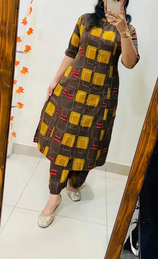 Brown_Cotton_Straight_Kurta_Pant_Set_For_Women