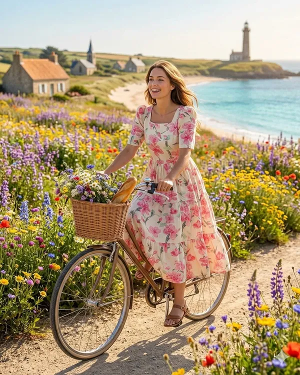 Pink_Cotton_Floral_Print_Puff_Sleeve_Midi_Dress_For_Women