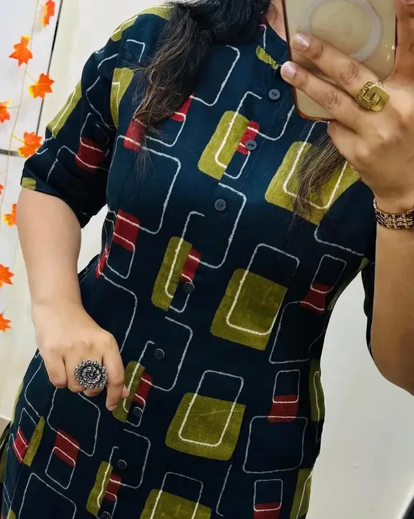 Navy_Blue_Cotton_Geometric_Print_A-Line_Kurta_Set_For_Women