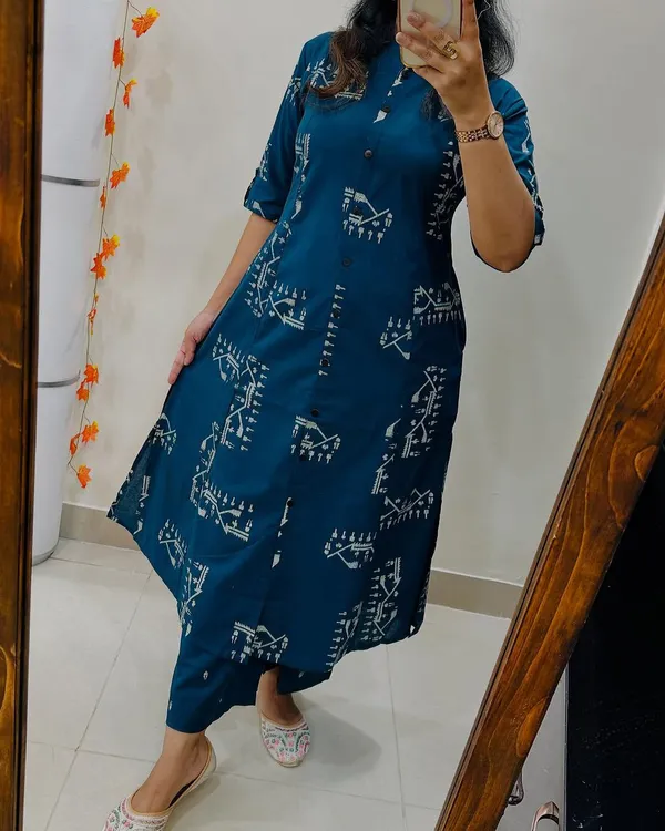 Blue_Cotton_Straight_Warli_Print_Kurta_Pant_Set_For_Women