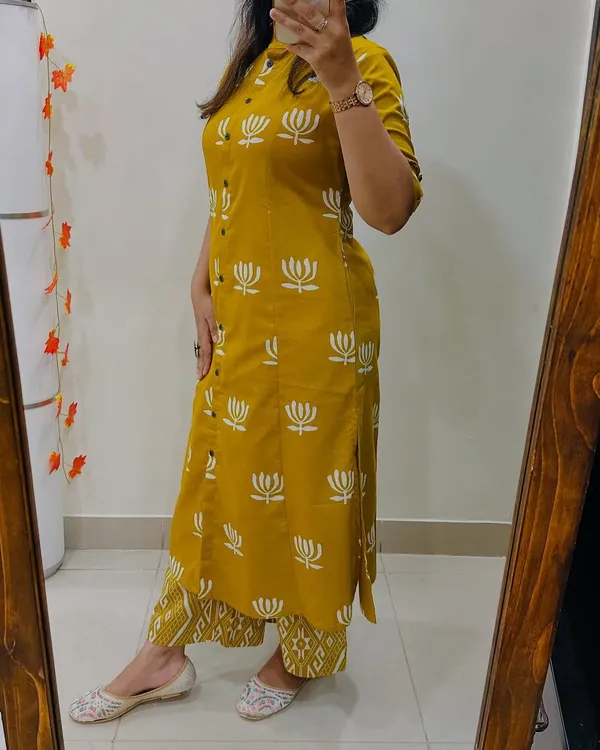 Mustard_Yellow_Cotton_Floral_Print_Kurta_Palazzo_Set_For_Women