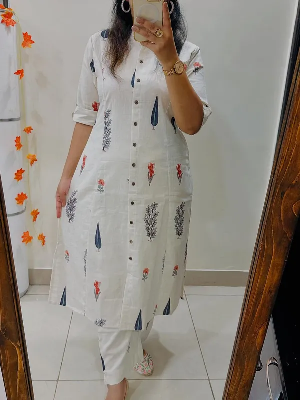 White_Cotton_Floral_Print_Button-Down_Straight_Kurta_Set_For_Women
