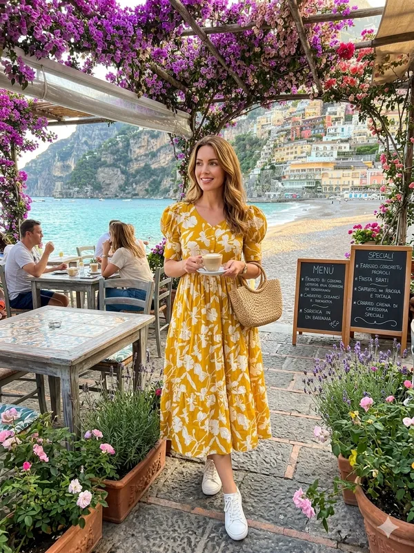 Yellow_Cotton_Puff_Sleeve_Floral_Print_Midi_Dress_For_Women