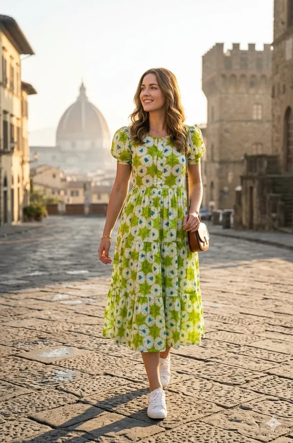 Green_Cotton_Short_Sleeve_Floral_Print_Midi_Dress_For_Women