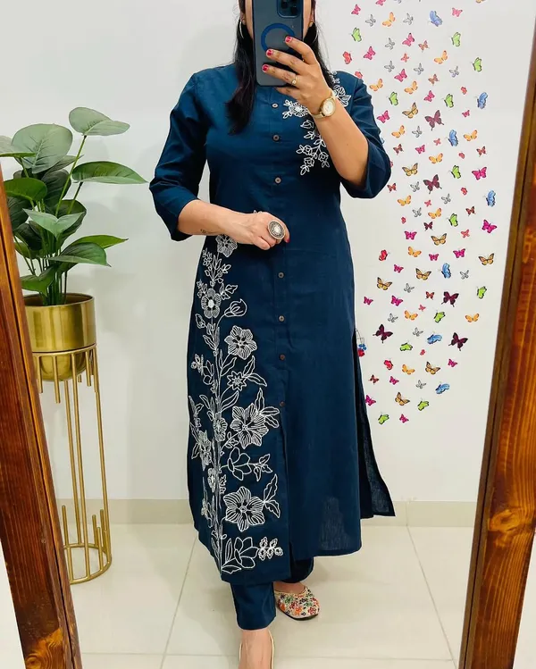 Navy_Blue_Cotton_Floral_Embroidered_Straight_Kurta_Set_For_Women
