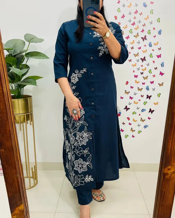 Navy_Blue_Cotton_Floral_Embroidered_Straight_Kurta_Set_For_Women