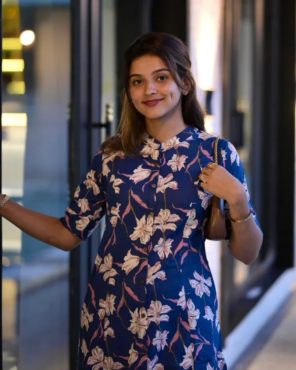 Navy_Blue_Cotton_Floral_Print_A-Line_Kurta_Set_For_Women