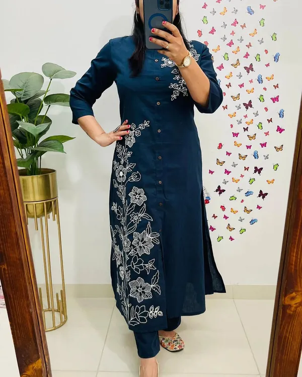 Navy_Blue_Cotton_Floral_Embroidered_Straight_Kurta_Set_For_Women