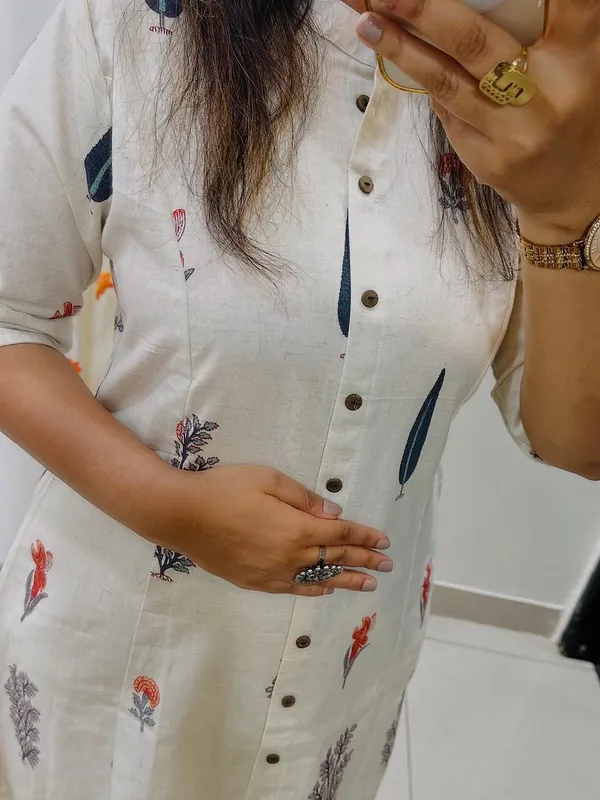 White_Cotton_Floral_Print_Button-Down_Straight_Kurta_Set_For_Women
