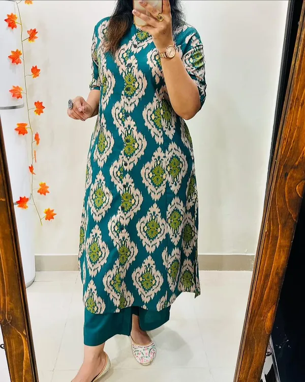 Teal_Green_Cotton_Printed_Straight_Kurta_Pant_Set_For_Women