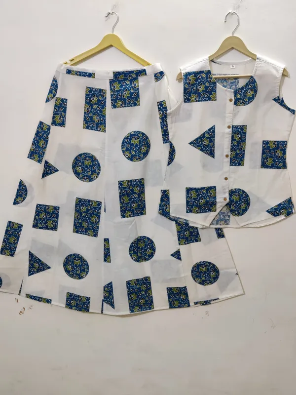 White_Cotton_Geometric_Print_Sleeveless_Top_And_Skirt_Set_For_Women