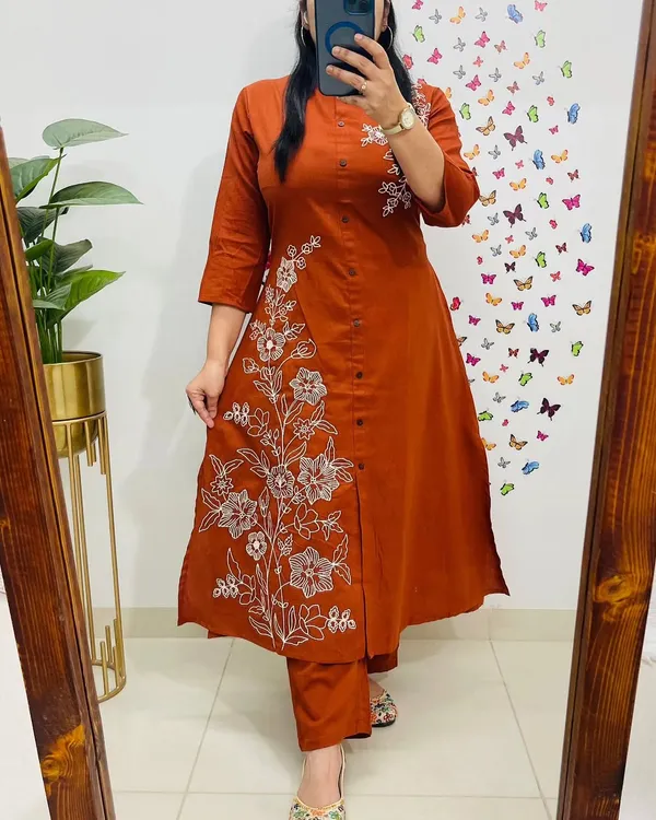 Orange_Cotton_Embroidered_Straight_Kurta_Pant_Set_For_Women