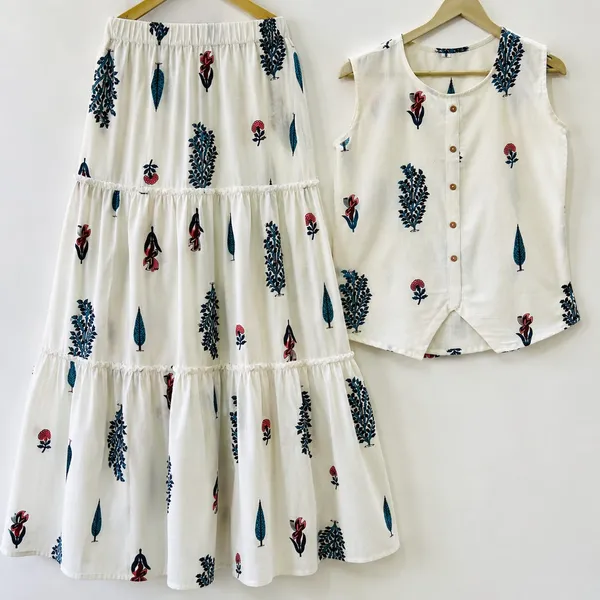 White_Cotton_Floral_Print_Sleeveless_Top_And_Tiered_Skirt_Set_For_Women