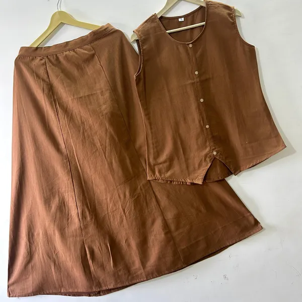 Brown_Cotton_Sleeveless_Button-Down_Top_And_Skirt_Set_For_Women
