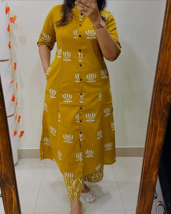 Mustard_Yellow_Cotton_Floral_Print_Kurta_Palazzo_Set_For_Women
