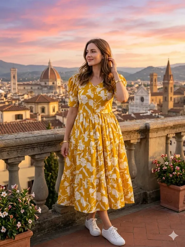 Yellow_Cotton_Puff_Sleeve_Floral_Print_Midi_Dress_For_Women