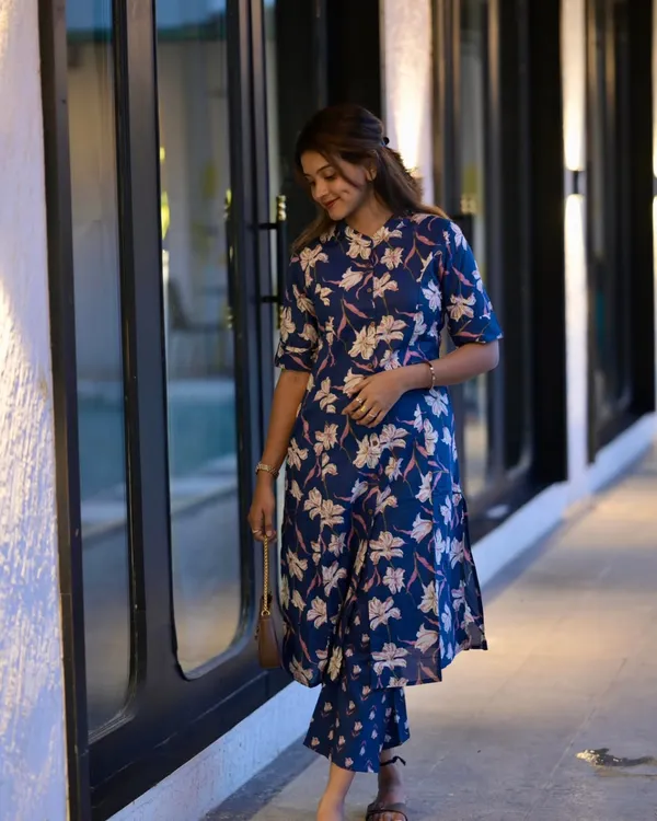 Navy_Blue_Cotton_Floral_Print_A-Line_Kurta_Set_For_Women