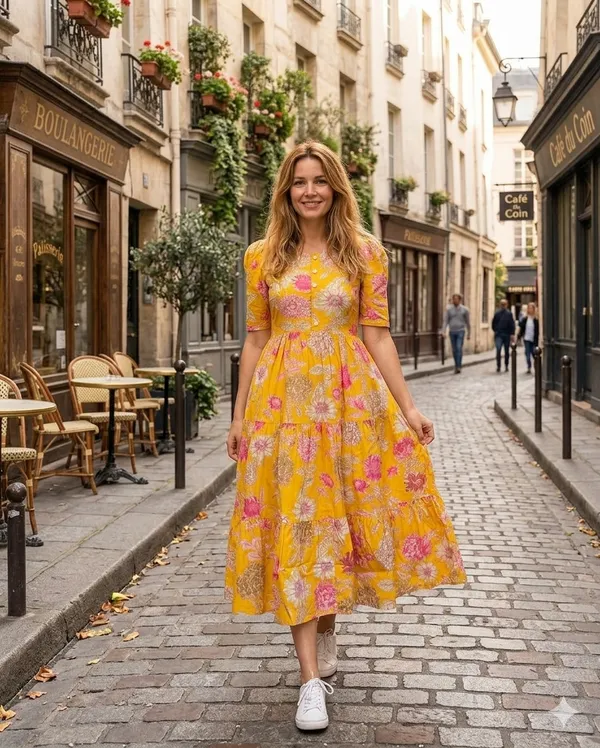 Yellow_Cotton_Tiered_Floral_Print_Midi_Dress_For_Women
