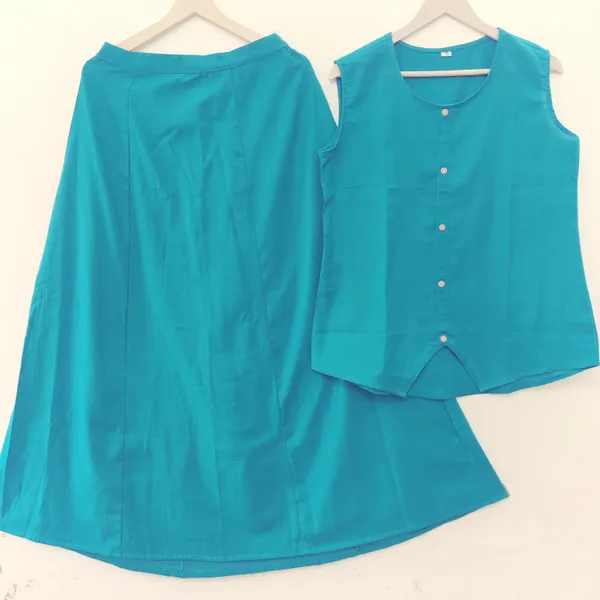 Turquoise_Cotton_Sleeveless_Button-Down_Top_And_Skirt_Set_For_Women