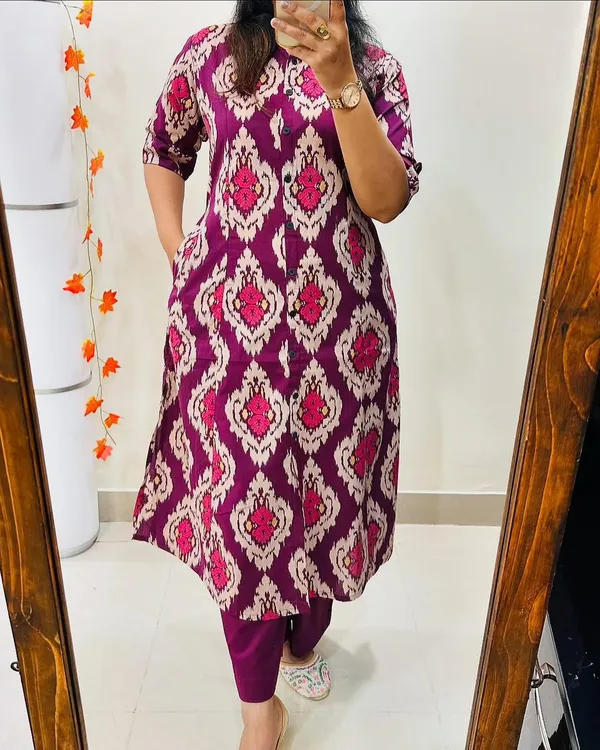 Purple_Cotton_Ikat_Print_A-Line_Kurta_Pant_Set_For_Women