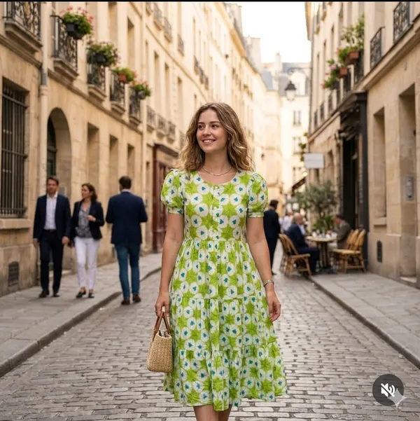 Green_Cotton_Short_Sleeve_Floral_Print_Midi_Dress_For_Women