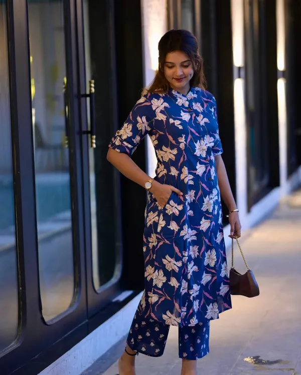 Navy_Blue_Cotton_Floral_Print_A-Line_Kurta_Set_For_Women