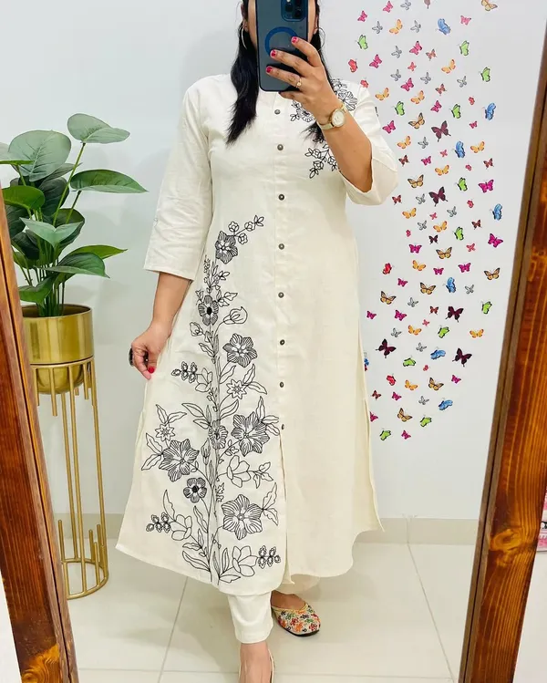 Off_White_Cotton_Floral_Embroidered_Button-Down_Kurta_Pant_Set_For_Women