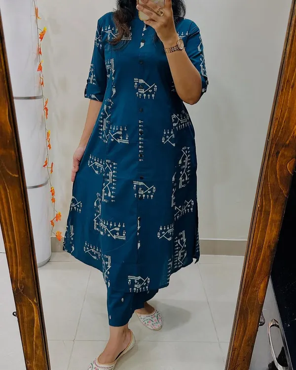Blue_Cotton_Straight_Warli_Print_Kurta_Pant_Set_For_Women