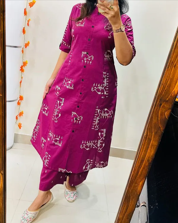 Purple_Cotton_Warli_Print_Kurti_Pant_Set_For_Women