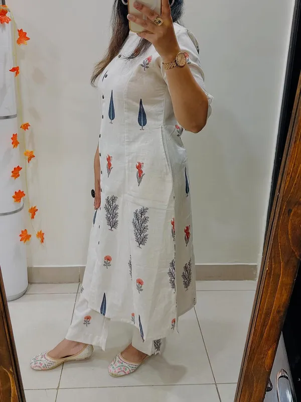 White_Cotton_Floral_Print_Button-Down_Straight_Kurta_Set_For_Women