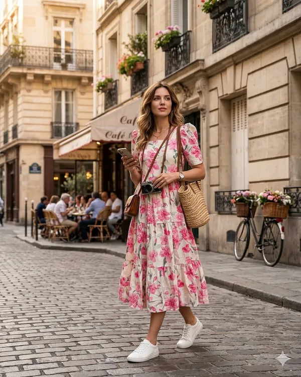Pink_Cotton_Floral_Print_Puff_Sleeve_Midi_Dress_For_Women