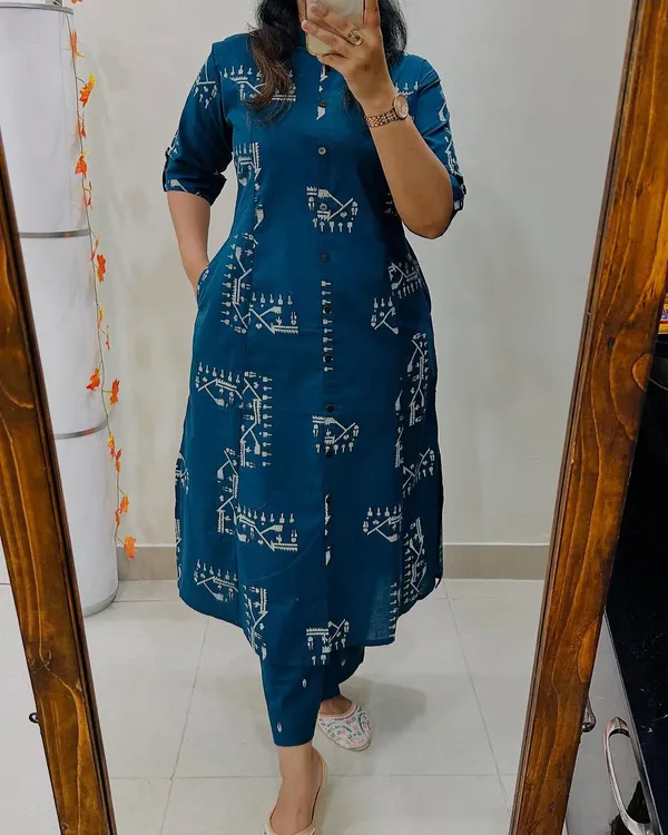 Blue_Cotton_Straight_Warli_Print_Kurta_Pant_Set_For_Women