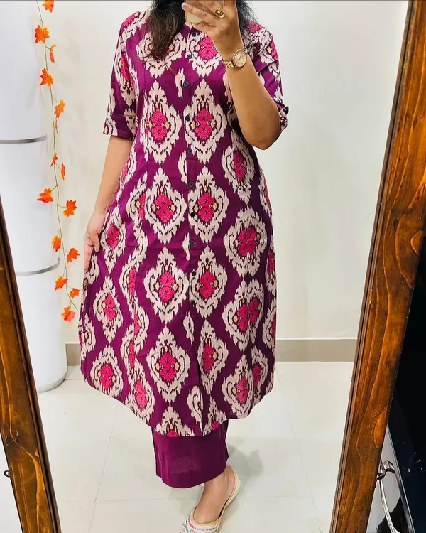 Purple_Cotton_Ikat_Print_A-Line_Kurta_Pant_Set_For_Women