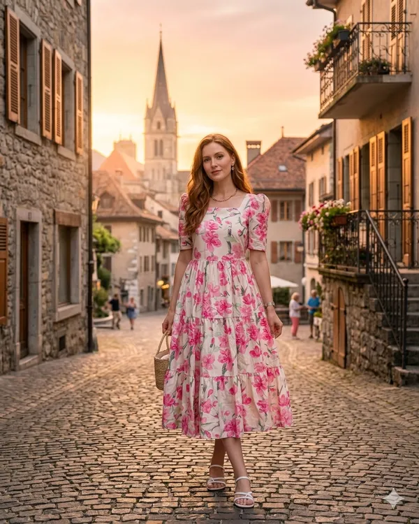 Pink_Cotton_Floral_Print_Puff_Sleeve_Midi_Dress_For_Women