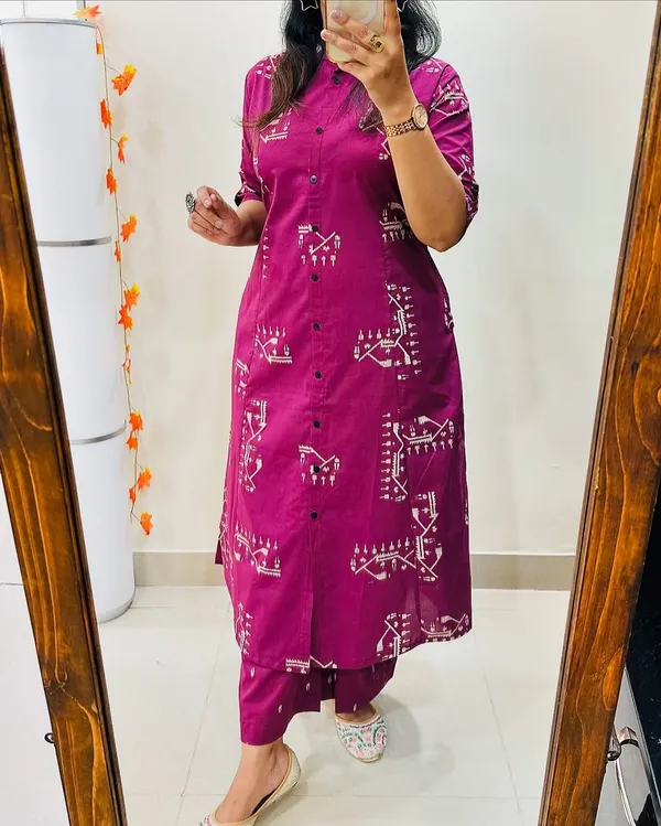Purple_Cotton_Warli_Print_Kurti_Pant_Set_For_Women