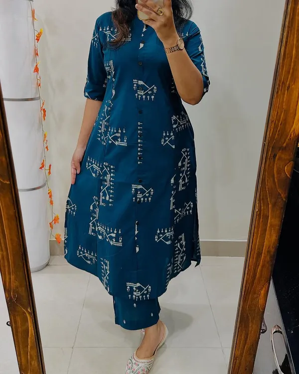 Blue_Cotton_Straight_Warli_Print_Kurta_Pant_Set_For_Women