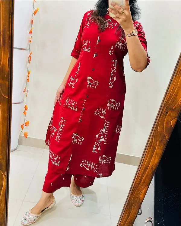 Red_Cotton_Warli_Print_Kurta_Pant_Set_For_Women